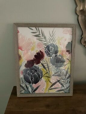 Floral Botanical Art Print in Pink, Gray and Yellow - Unbranded